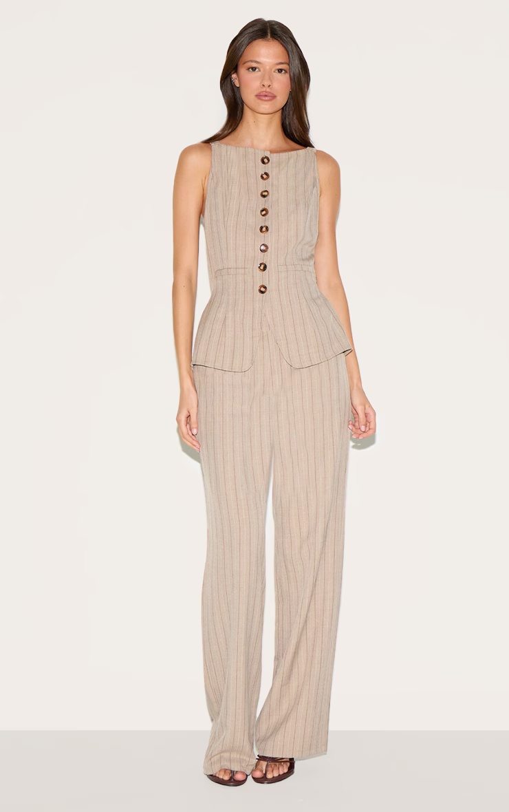Brown Pinstripe Linen Button Down Peplum Hem Jumpsuit 1 Brown Pinstripe Linen Button Down Peplum Hem Jumpsuit