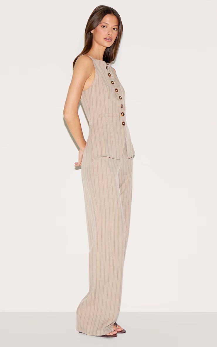 Brown Pinstripe Linen Button Down Peplum Hem Jumpsuit 3 Brown Pinstripe Linen Button Down Peplum Hem Jumpsuit