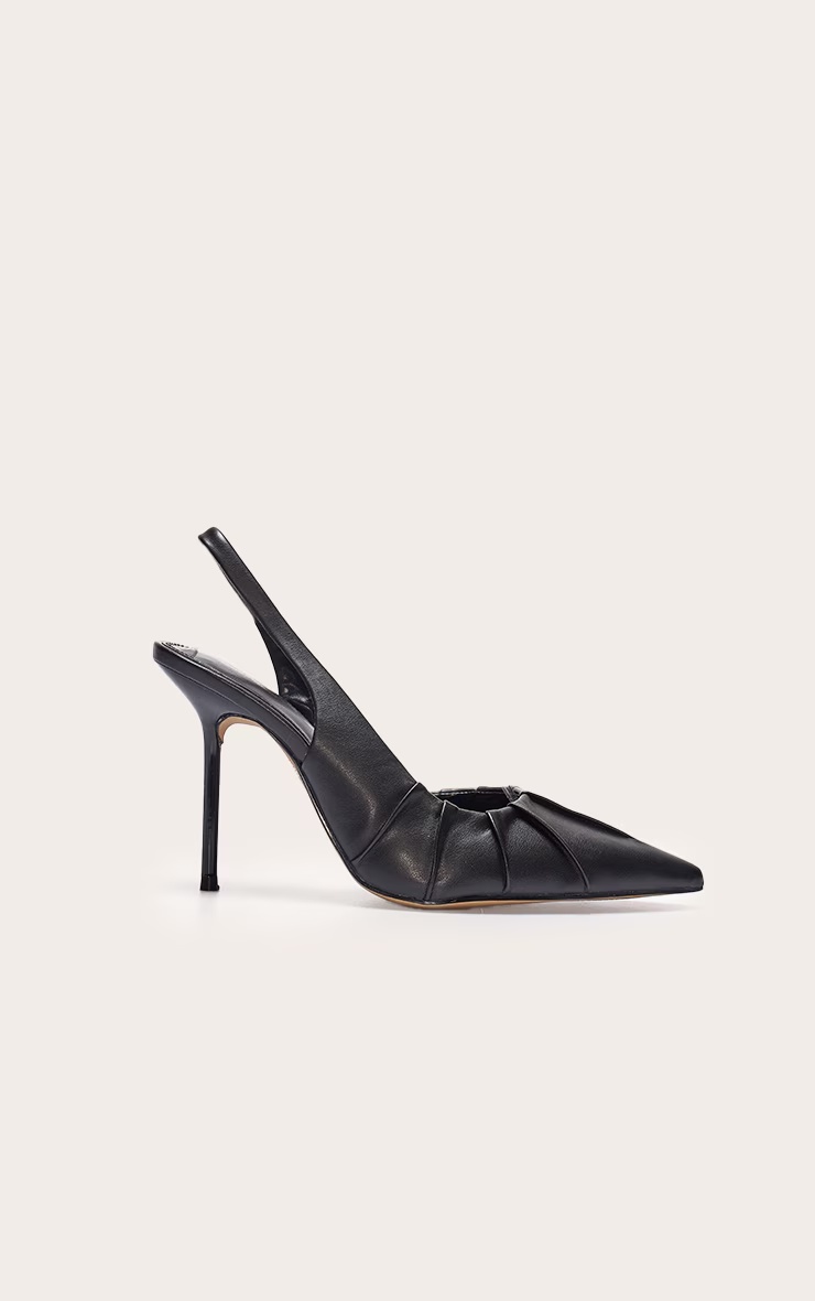 Black Pu Point Toe Ruched Sling Back High Stiletto Heeled Courts