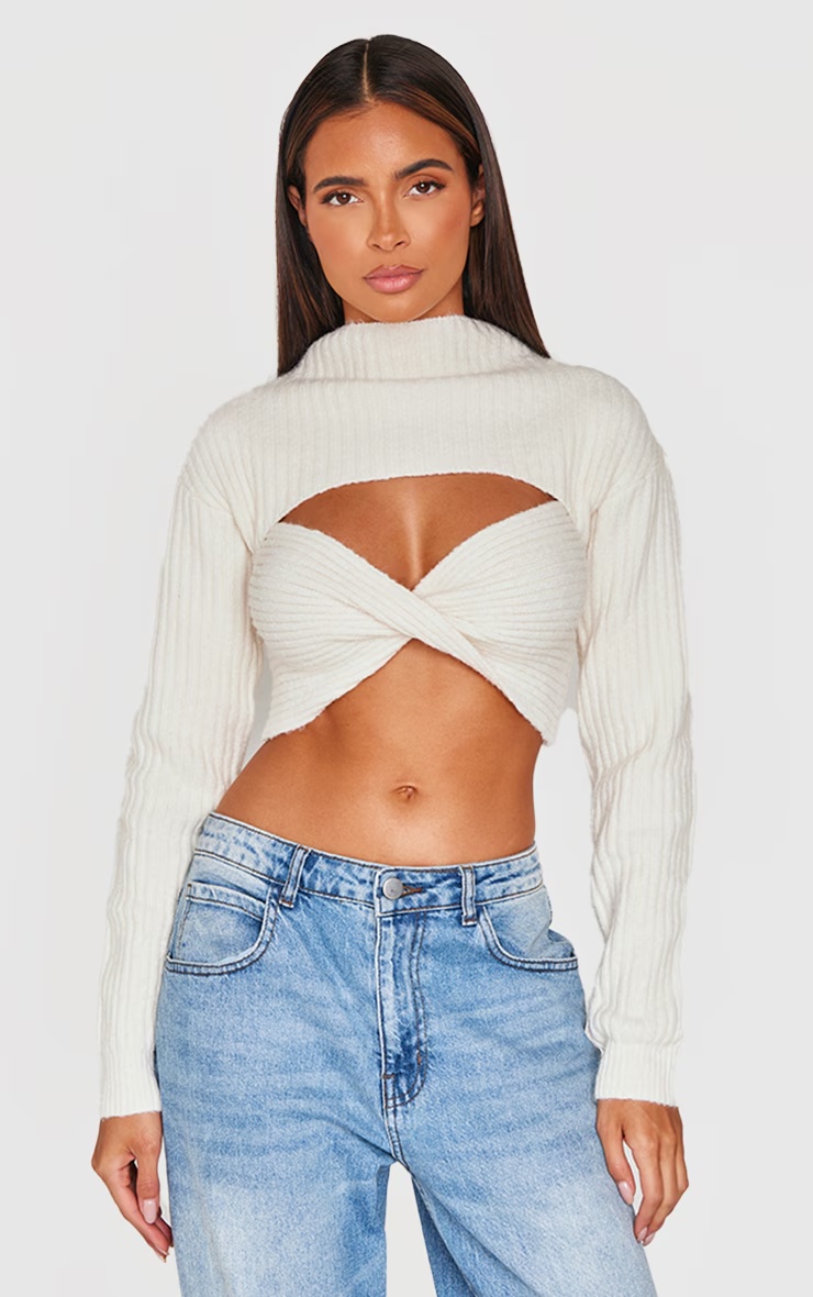 Cream Ribbed Twist Front Cut Out Jumper