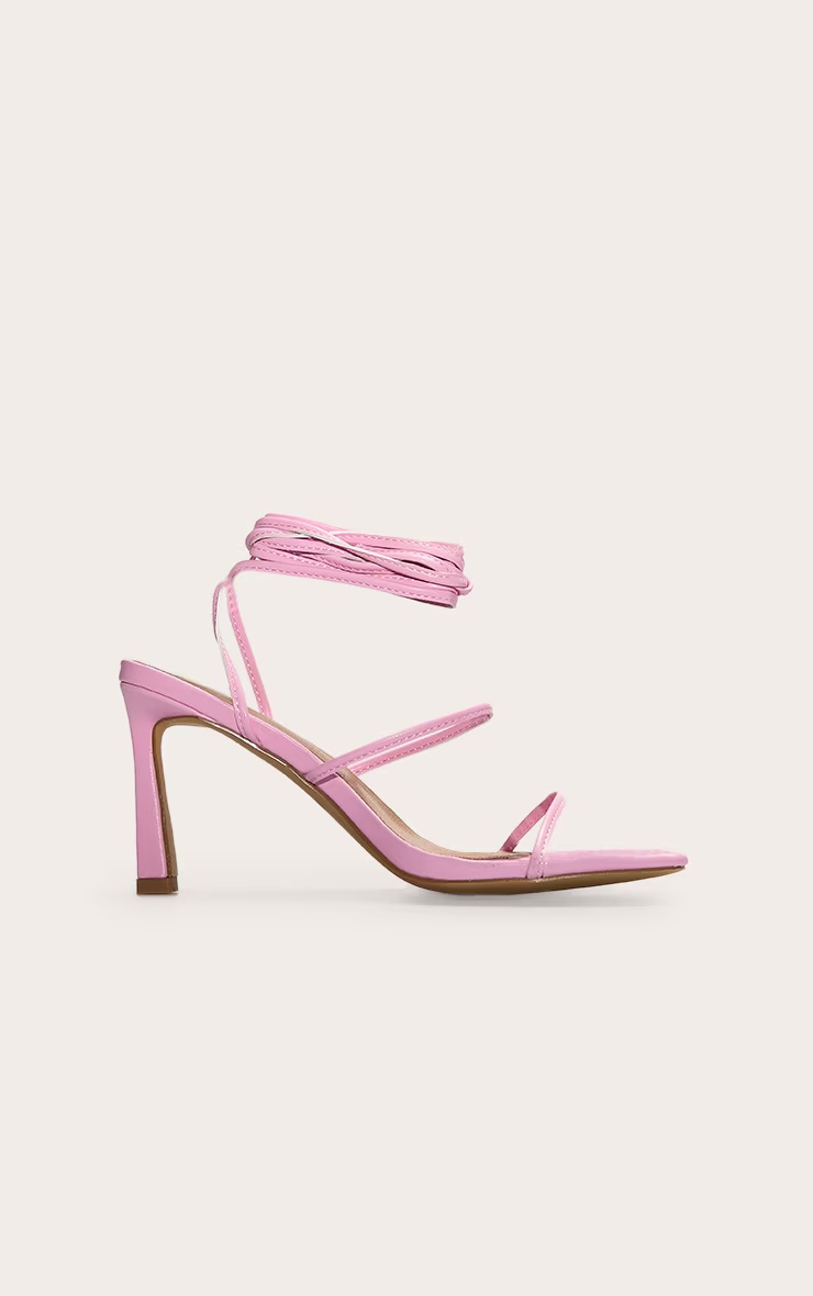Pink Pu Square Toe Strappy Lace Up Mid Stiletto Heeled Sandals 1 Pink Pu Square Toe Strappy Lace Up Mid Stiletto Heeled Sandals