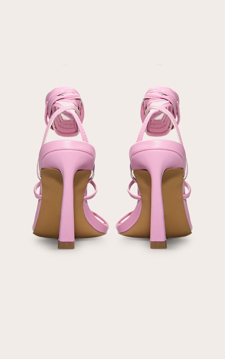 Pink Pu Square Toe Strappy Lace Up Mid Stiletto Heeled Sandals 3 Pink Pu Square Toe Strappy Lace Up Mid Stiletto Heeled Sandals