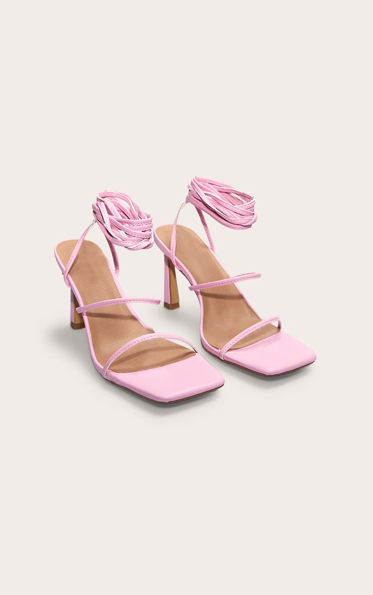 Pink Pu Square Toe Strappy Lace Up Mid Stiletto Heeled Sandals 5 Pink Pu Square Toe Strappy Lace Up Mid Stiletto Heeled Sandals