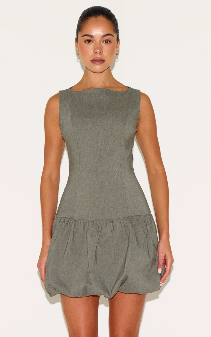 Khaki Stretch Woven Puffball Dress 4 Khaki Stretch Woven Puffball Dress