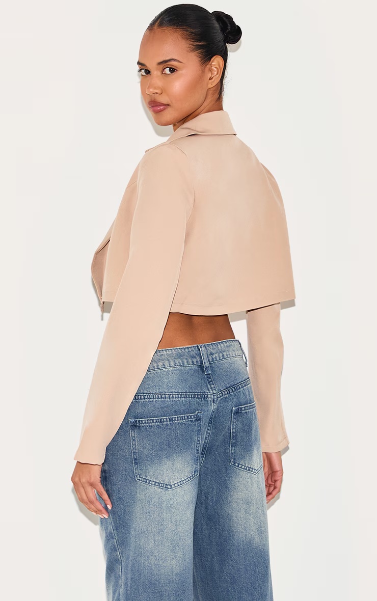Stone Basic Woven Seam Detail Cropped Blazer 2 Stone Basic Woven Seam Detail Cropped Blazer