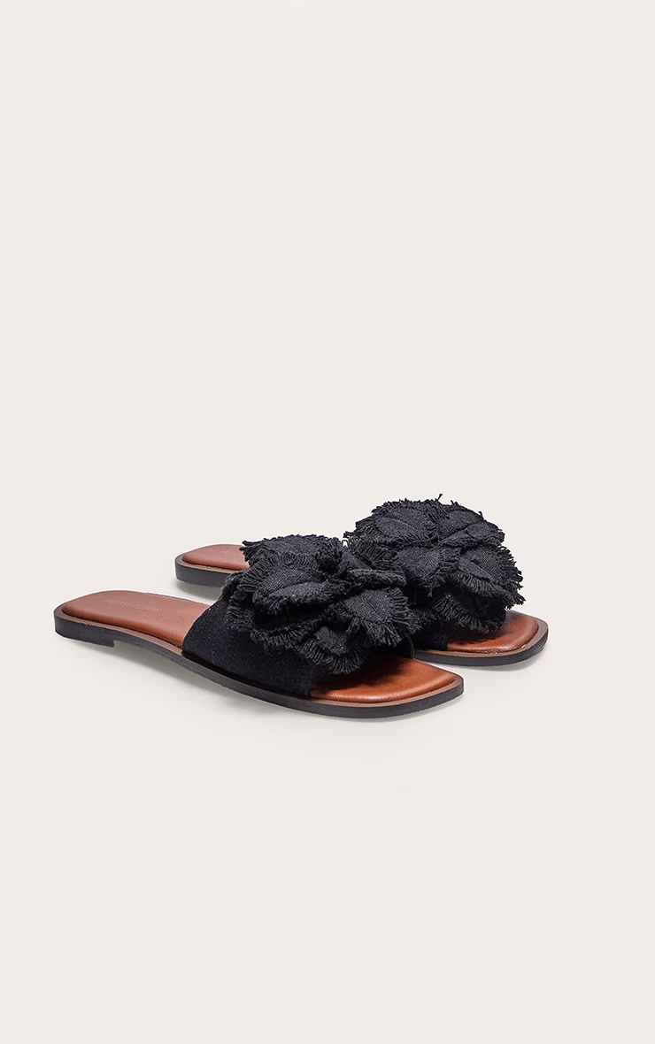 Black Linen Round Toe Flower Strap Mule Sandals 2 Black Linen Round Toe Flower Strap Mule Sandals