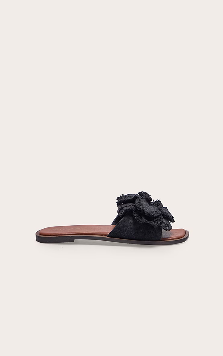 Black Linen Round Toe Flower Strap Mule Sandals 4 Black Linen Round Toe Flower Strap Mule Sandals
