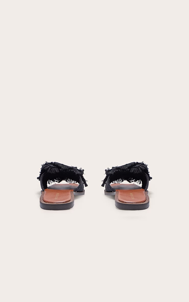 Black Linen Round Toe Flower Strap Mule Sandals 6 Black Linen Round Toe Flower Strap Mule Sandals