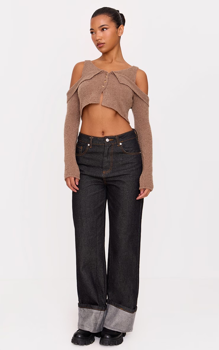 Taupe Boucle Knit Cold Shoulder Button Up Top 3 Taupe Boucle Knit Cold Shoulder Button Up Top