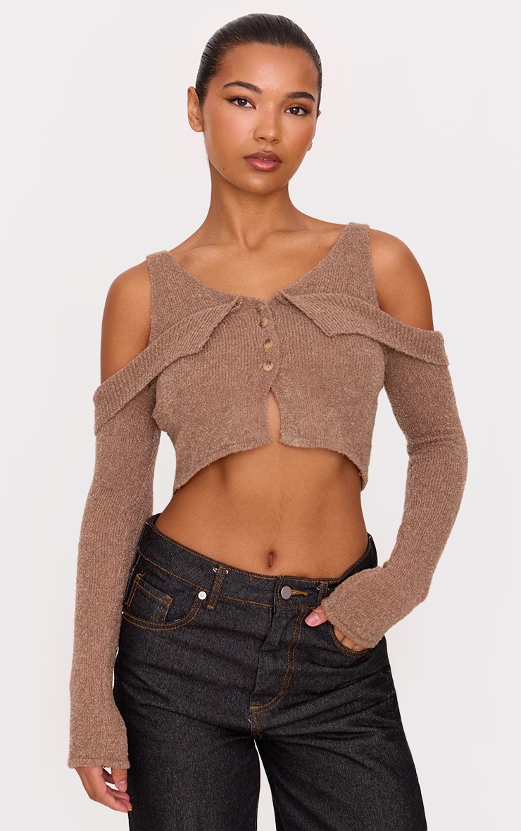 Taupe Boucle Knit Cold Shoulder Button Up Top 4 Taupe Boucle Knit Cold Shoulder Button Up Top