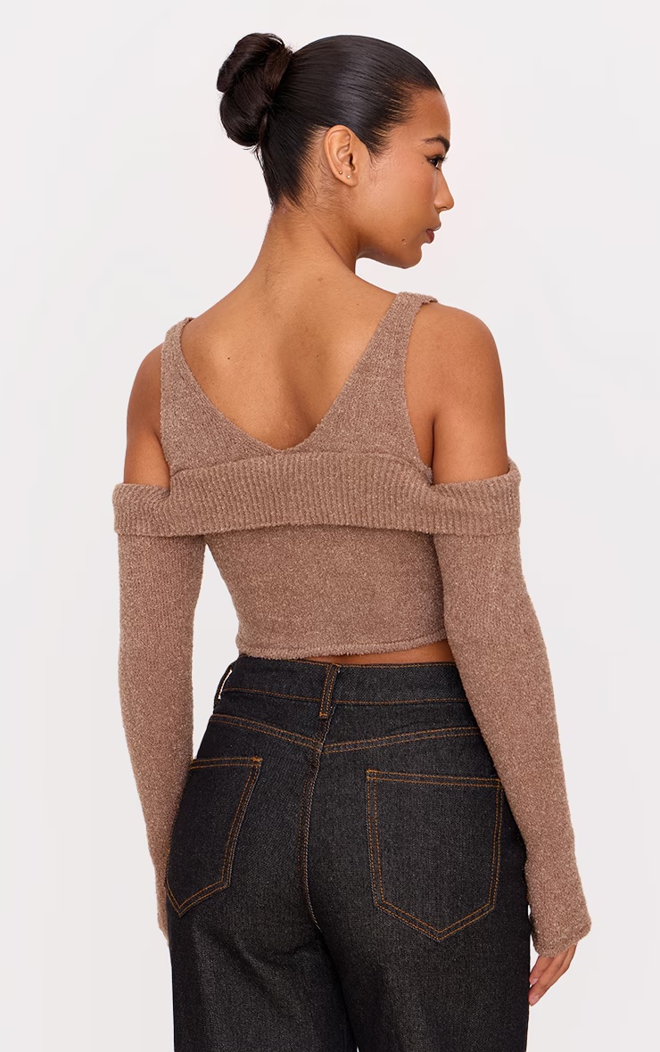 Taupe Boucle Knit Cold Shoulder Button Up Top 5 Taupe Boucle Knit Cold Shoulder Button Up Top