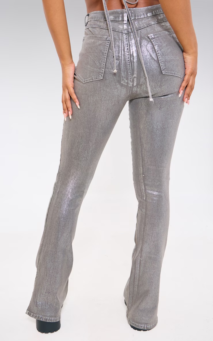 Silver Metallic Foil Effect Flared Jeans 3 Silver Metallic Foil Effect Flared Jeans