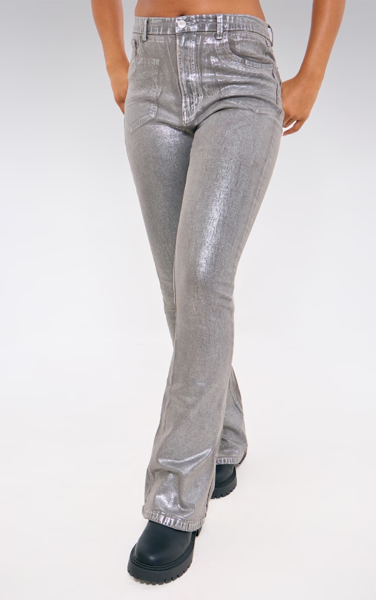 Silver Metallic Foil Effect Flared Jeans 5 Silver Metallic Foil Effect Flared Jeans