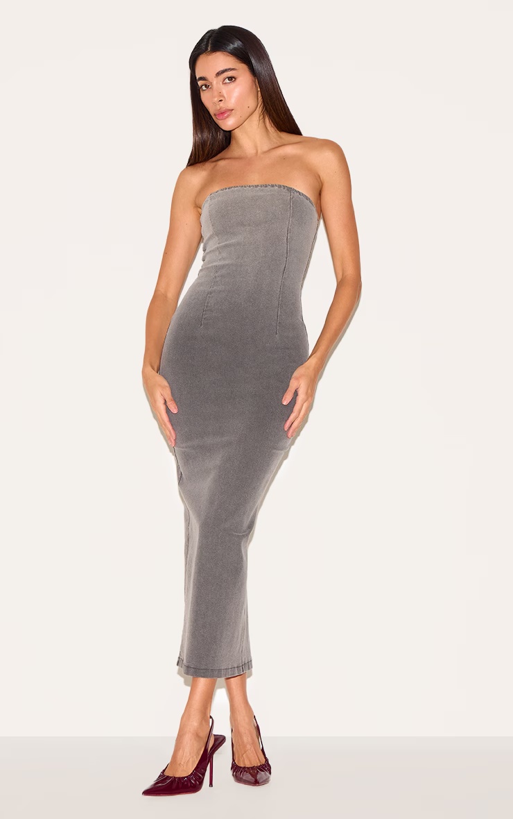 Grey Ombre Stretch Denim Strapless Midaxi Dress 1 Grey Ombre Stretch Denim Strapless Midaxi Dress