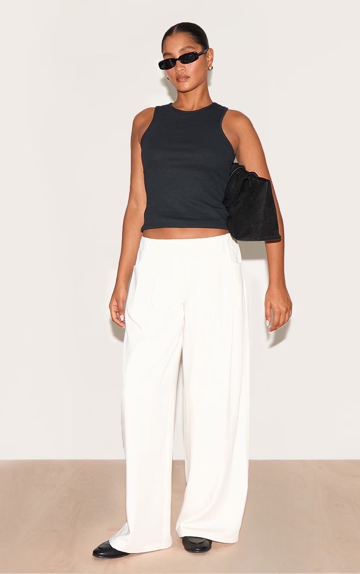 Cream Stretch Waistband Detail Tailored Trousers 1 Cream Stretch Waistband Detail Tailored Trousers