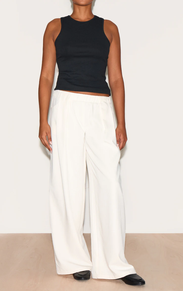 Cream Stretch Waistband Detail Tailored Trousers 2 Cream Stretch Waistband Detail Tailored Trousers