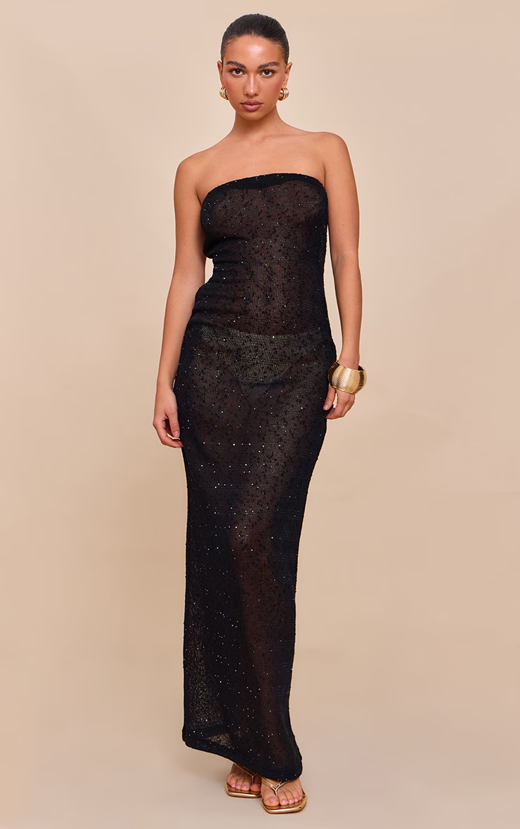 Black Sequin Sheer Bandeau Maxi Dress 1 Black Sequin Sheer Bandeau Maxi Dress