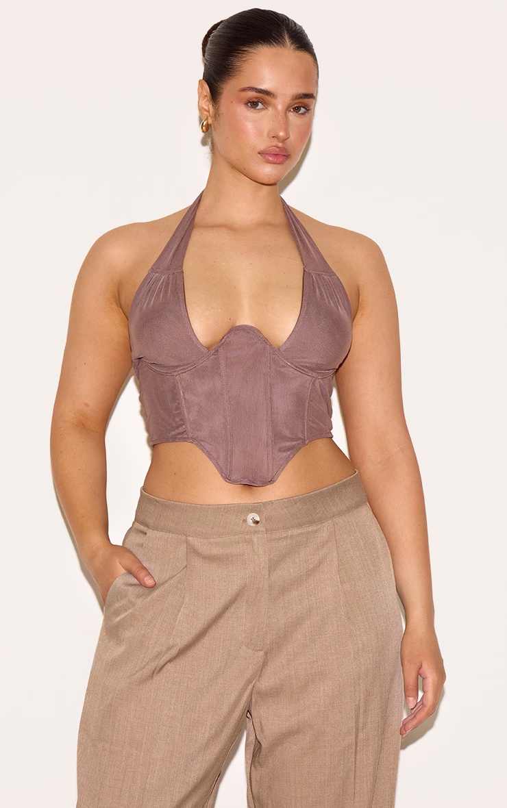 Shape Brown Double Layered Mesh Tie Neck Corset Top 1 Shape Brown Double Layered Mesh Tie Neck Corset Top