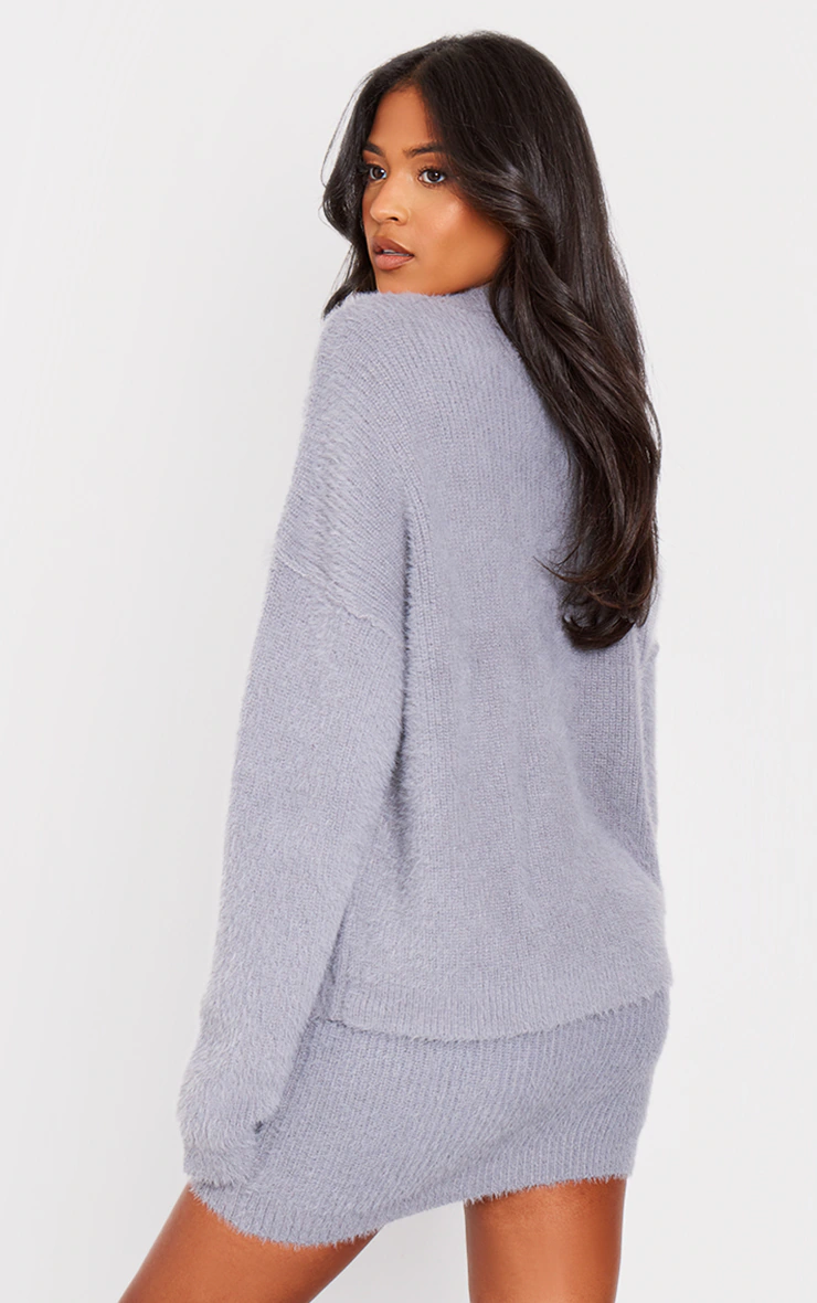 Tall Grey Marl Fluffy Knitted V Neck Jumper 5 Tall Grey Marl Fluffy Knitted V Neck Jumper