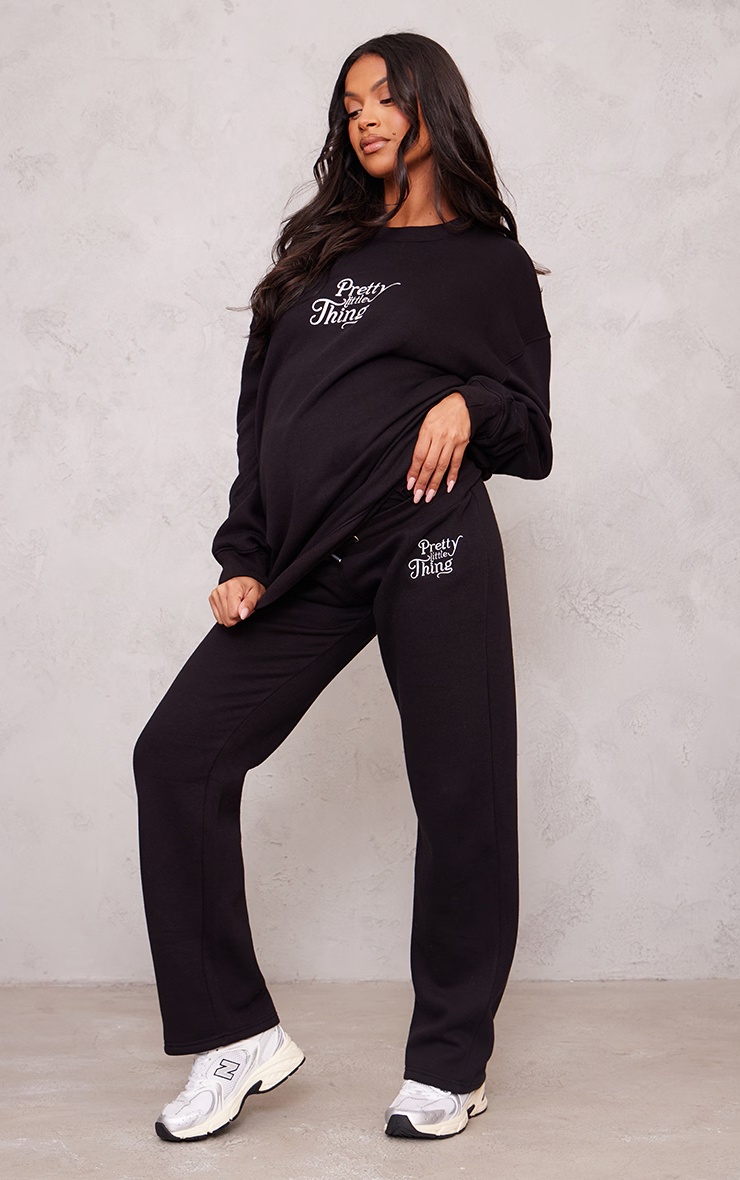 PRETTYLITTLETHING Maternity Black Embroidered Wide Leg Joggers