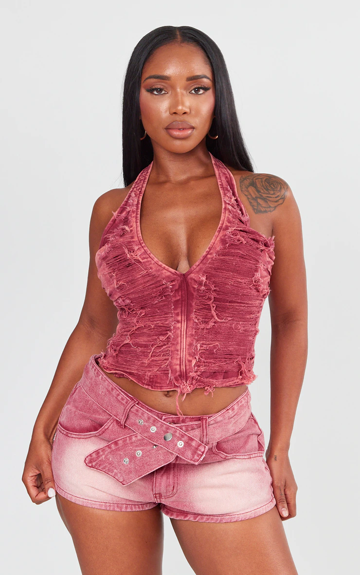 Shape Washed Red Denim Distressed Halterneck Longline Top 1 Shape Washed Red Denim Distressed Halterneck Longline Top