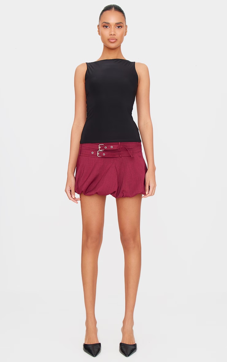 Burgundy Double Belt Detail Puffball Mini Skirt 5 Burgundy Double Belt Detail Puffball Mini Skirt