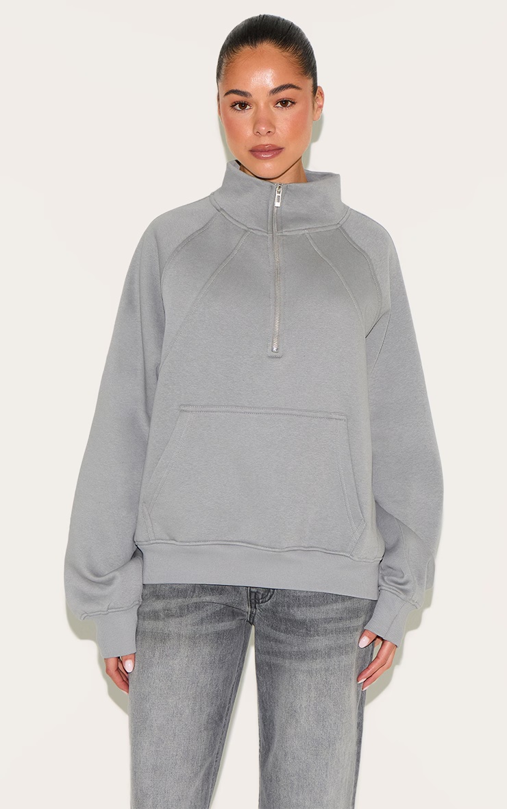 Grey Panel Detail Zip Up Pocket Oversized Sweatshirt 1 Grey Panel Detail Zip Up Pocket Oversized Sweatshirt