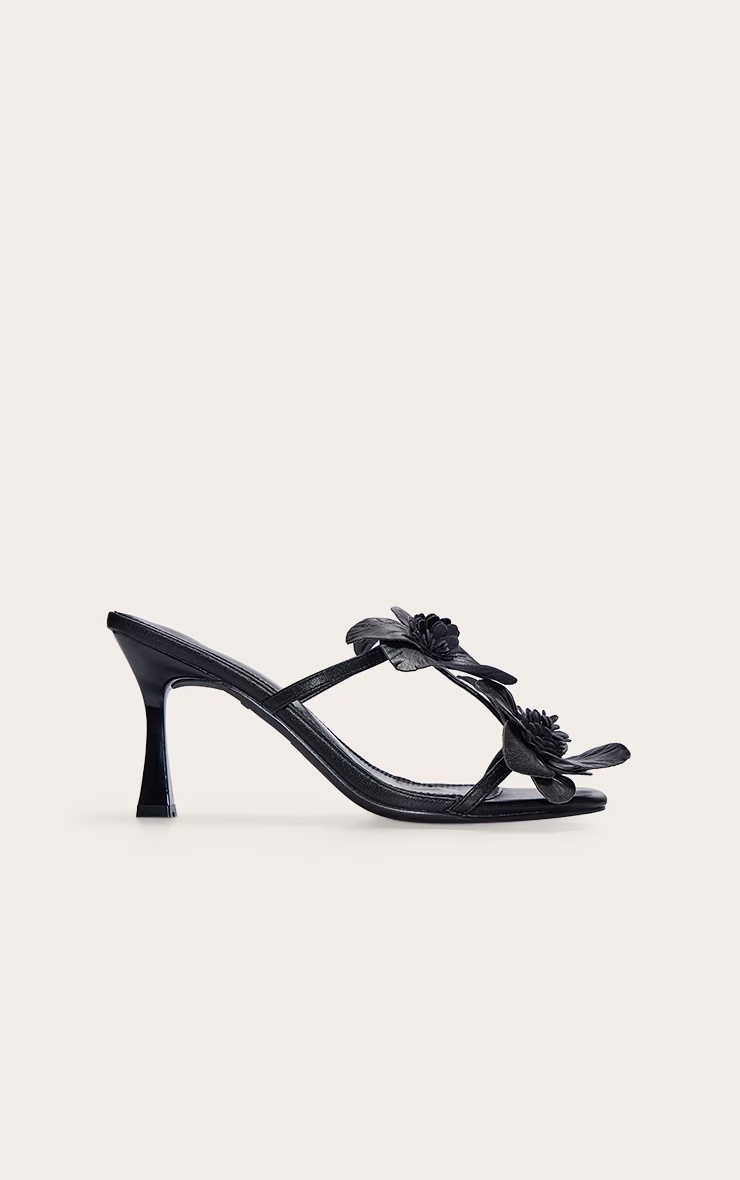 Black Pu Square Toe Multi Flower Detail Mid Stiletto Heeled Mules