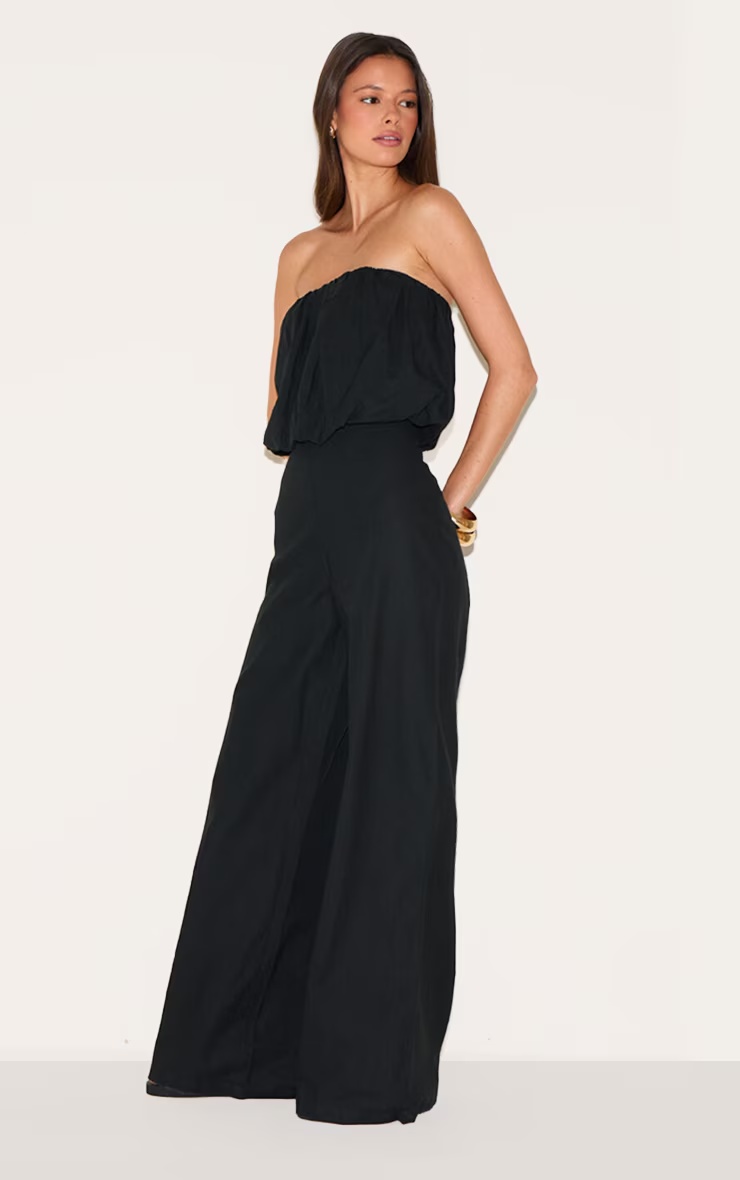 Black Cotton Puffball Bandeau Straight Leg Jumpsuit 3 Black Cotton Puffball Bandeau Straight Leg Jumpsuit