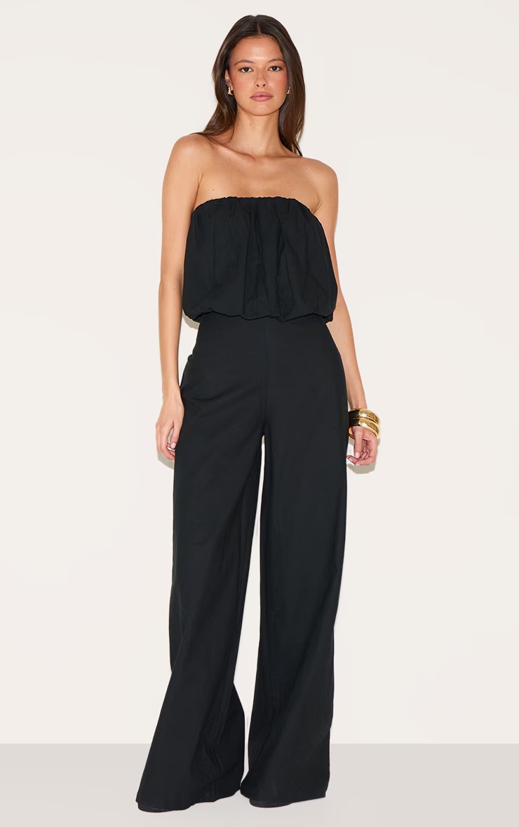 Black Cotton Puffball Bandeau Straight Leg Jumpsuit 4 Black Cotton Puffball Bandeau Straight Leg Jumpsuit