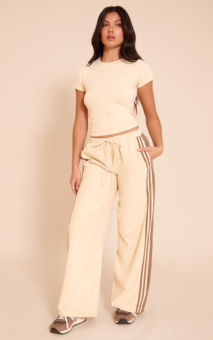 Butter Cream Peachskin Contrast Stripe Wide Leg Trousers
