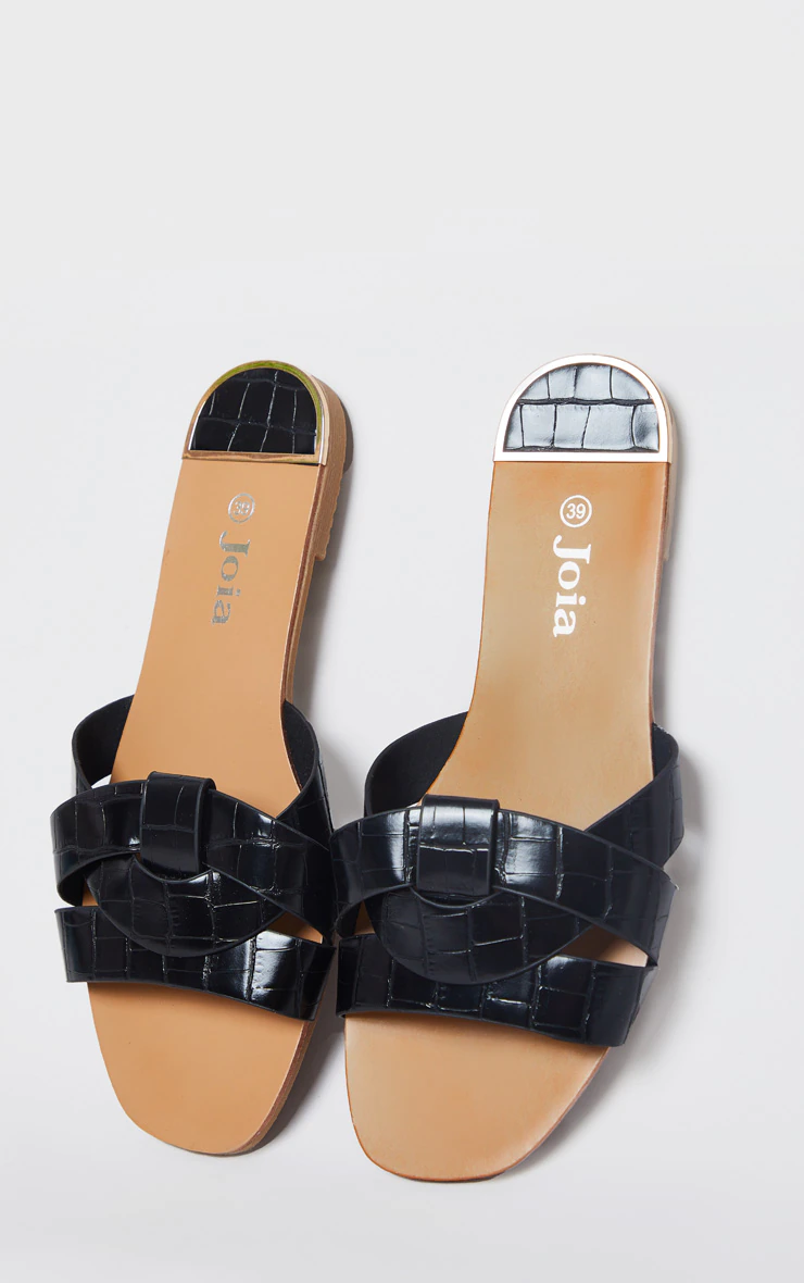 Black Croc PU Strap Over Flat Sandals 6 Black Croc PU Strap Over Flat Sandals