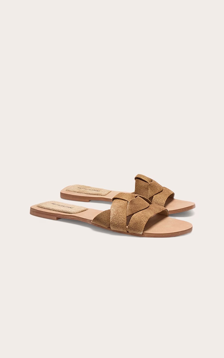 Beige Faux Suede Round Toe Flat Mule Sandals 2 Beige Faux Suede Round Toe Flat Mule Sandals