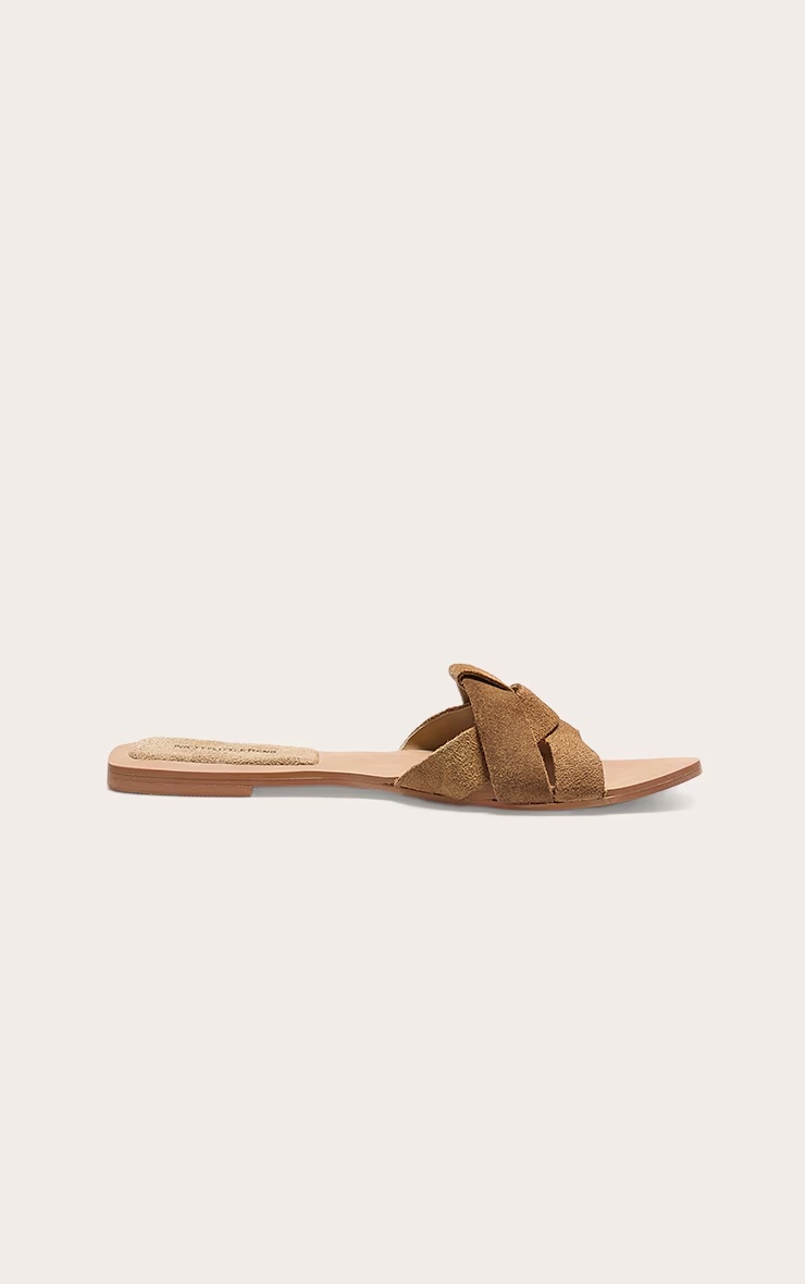 Beige Faux Suede Round Toe Flat Mule Sandals 4 Beige Faux Suede Round Toe Flat Mule Sandals