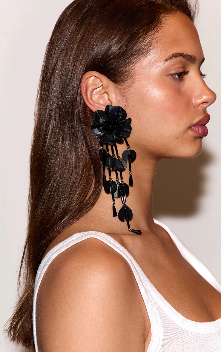 Black Statement Floral Drape Earrings