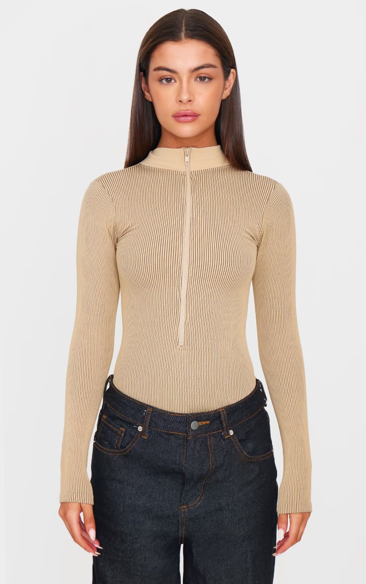 Stone Contrast?Contour Rib Zip Up Long Sleeve Bodysuit
