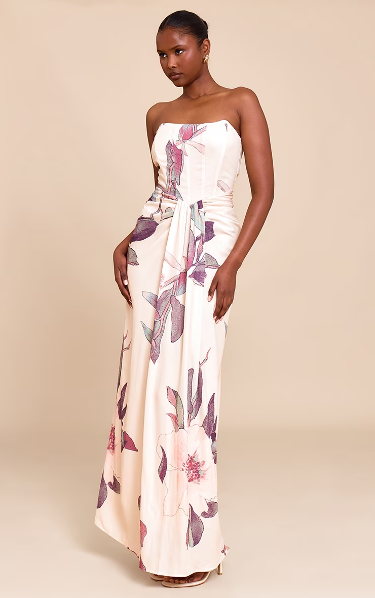 Stone Floral Bandeau Corset Drape Detail Maxi Dress 3 Stone Floral Bandeau Corset Drape Detail Maxi Dress
