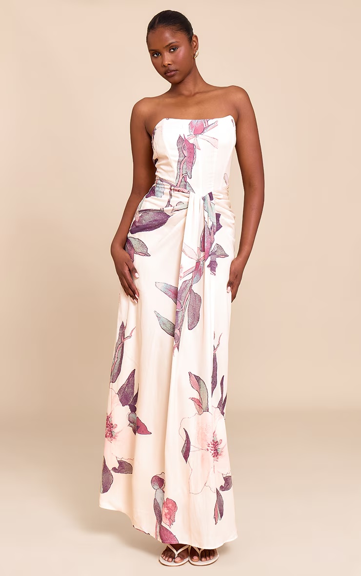 Stone Floral Bandeau Corset Drape Detail Maxi Dress 4 Stone Floral Bandeau Corset Drape Detail Maxi Dress