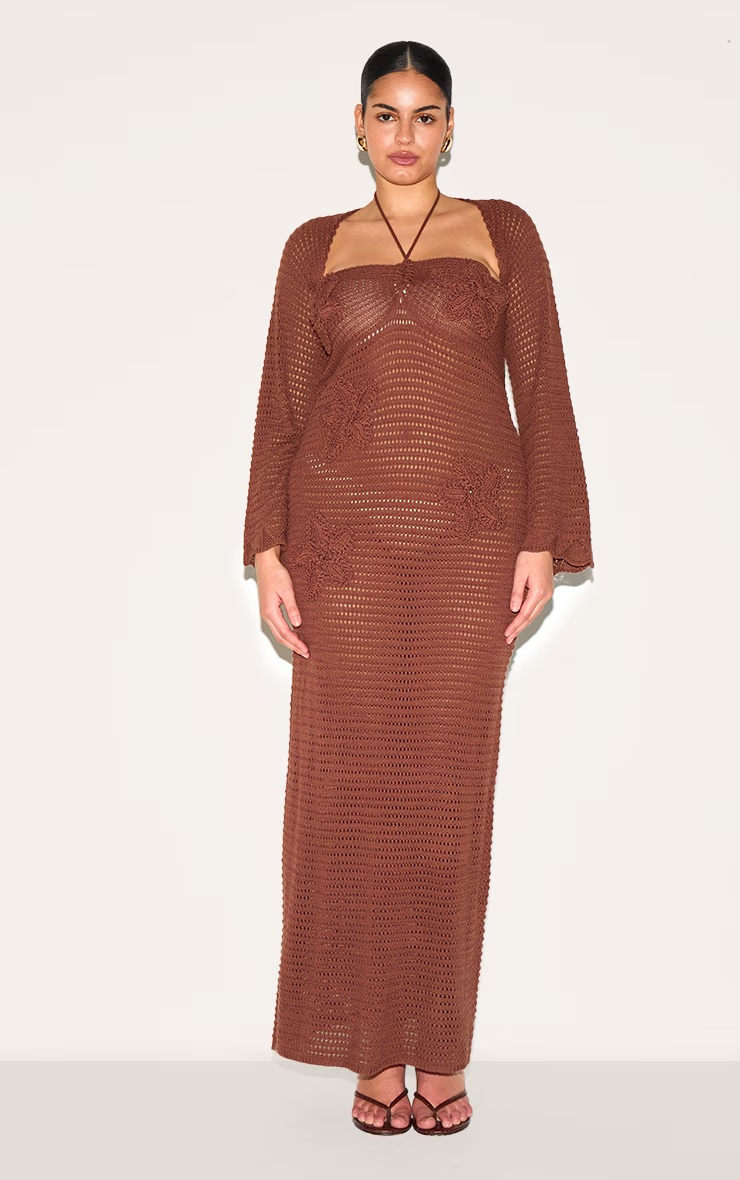 Plus Chocolate Flower Applique Long Sleeve Crochet Maxi Dress