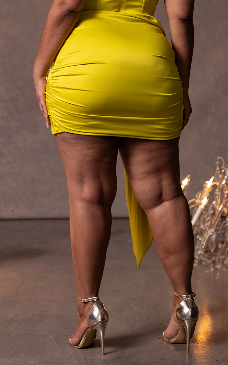 Plus Chartreuse Constructed Satin Ruched Drape Bodycon Skirt 6 Plus Chartreuse Constructed Satin Ruched Drape Bodycon Skirt