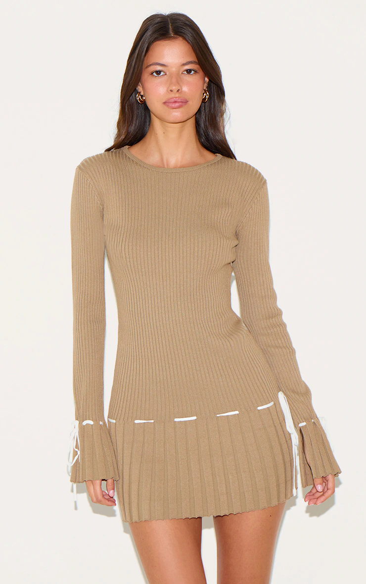 Taupe Rib Knit Pleated Contrast Tie Detail Long Sleeve Mini Dress 1 Taupe Rib Knit Pleated Contrast Tie Detail Long Sleeve Mini Dress
