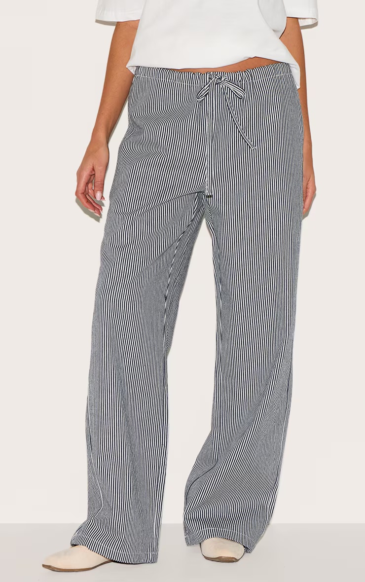 Blue Mid Rise Tie Waist Pinstripe Denim Trouser 2 Blue Mid Rise Tie Waist Pinstripe Denim Trouser