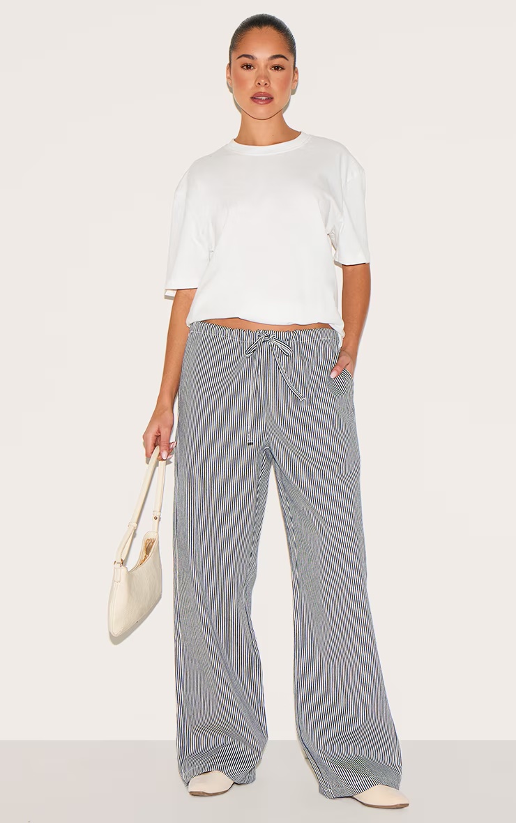 Blue Mid Rise Tie Waist Pinstripe Denim Trouser 4 Blue Mid Rise Tie Waist Pinstripe Denim Trouser