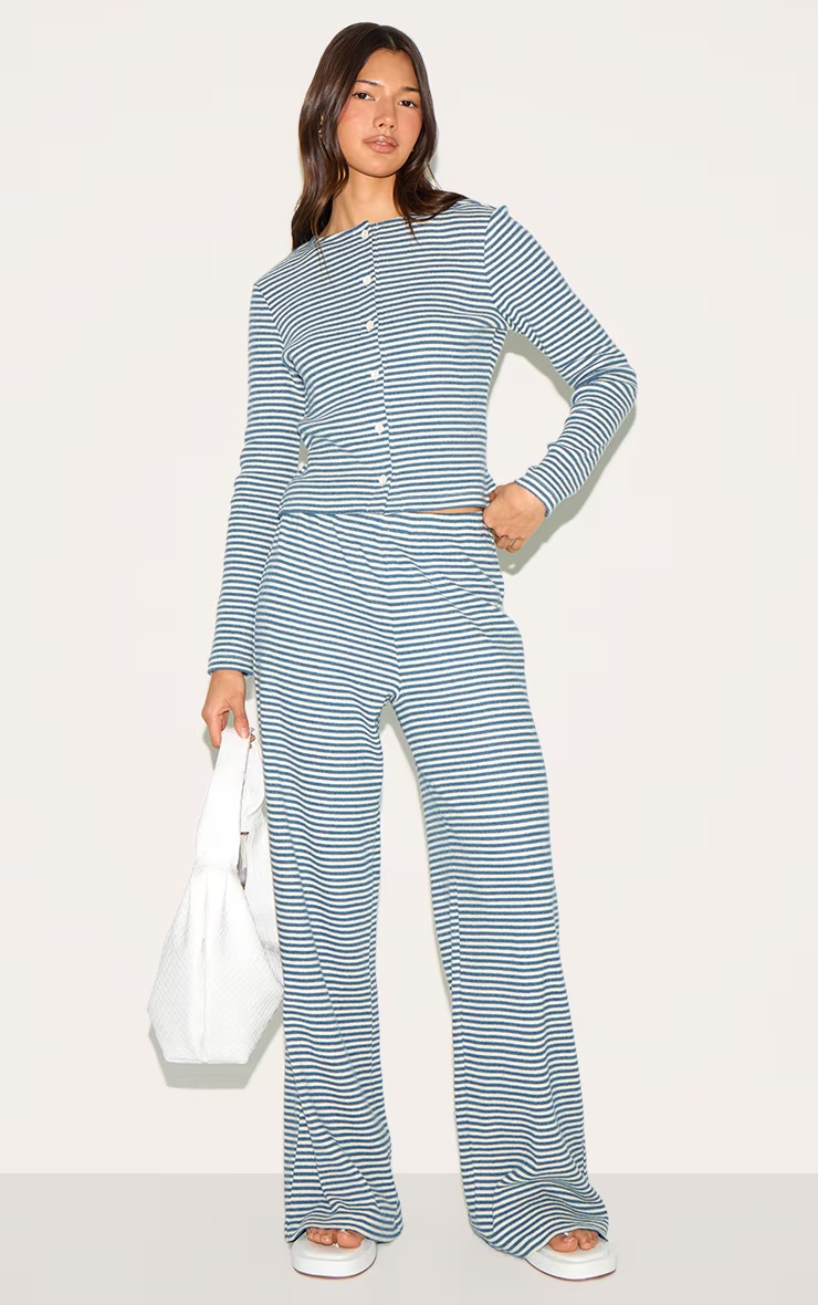 Blue Brushed Rib Striped Mid Rise Wide Leg Trousers