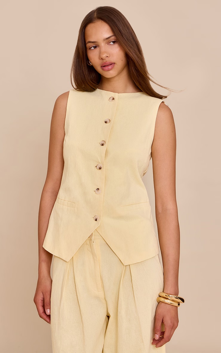 Butter Yellow Linen Look Tailored Waistcoat 4 Butter Yellow Linen Look Tailored Waistcoat