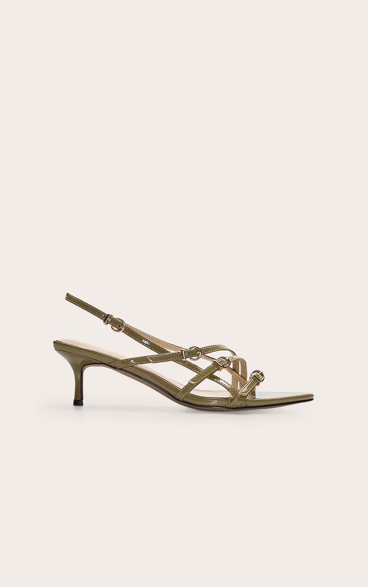 Olive Patent Pu Point Toe Multi Buckle Low Stiletto Heeled Sandals 2 Olive Patent Pu Point Toe Multi Buckle Low Stiletto Heeled Sandals