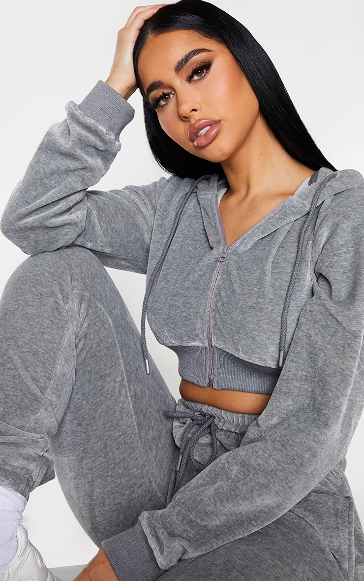 PRETTYLITTLETHING Shape Grey Velour Diamante Extreme Crop Sweater 4 PRETTYLITTLETHING Shape Grey Velour Diamante Extreme Crop Sweater