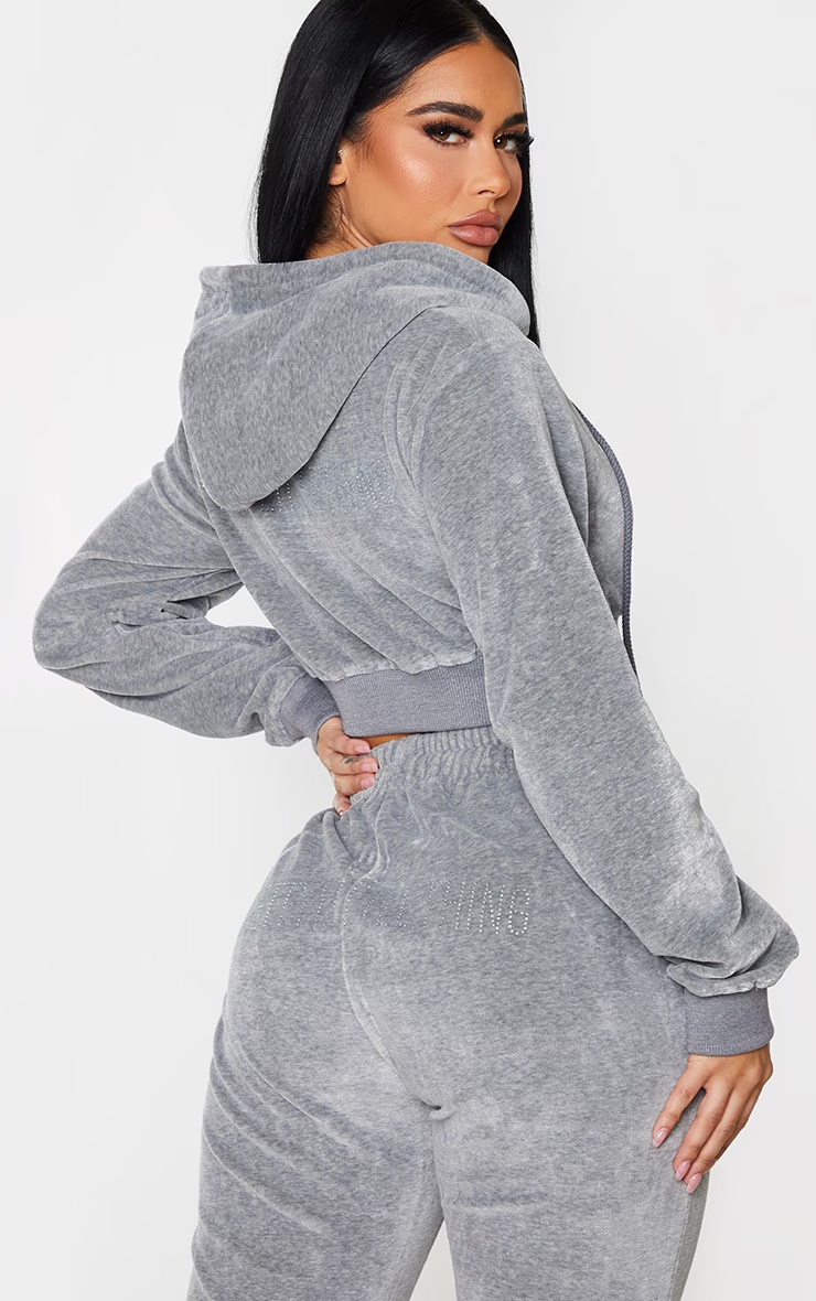 PRETTYLITTLETHING Shape Grey Velour Diamante Extreme Crop Sweater 5 PRETTYLITTLETHING Shape Grey Velour Diamante Extreme Crop Sweater