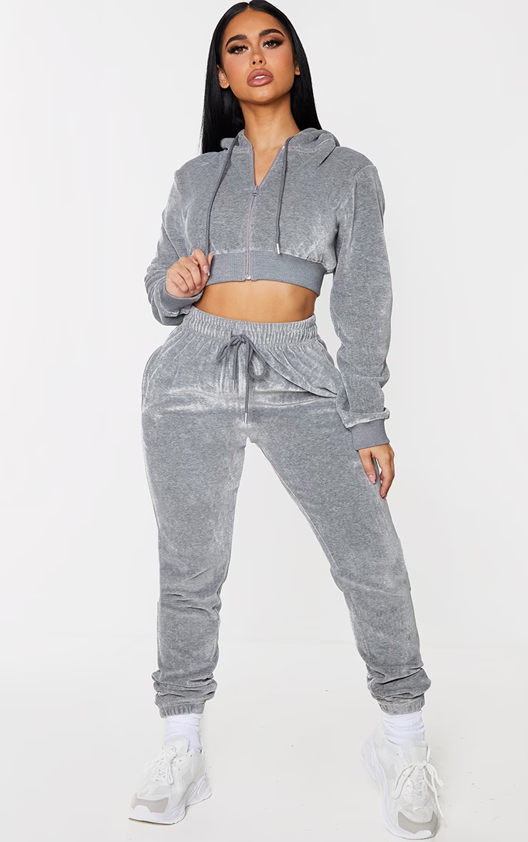 PRETTYLITTLETHING Shape Grey Velour Diamante Extreme Crop Sweater 6 PRETTYLITTLETHING Shape Grey Velour Diamante Extreme Crop Sweater