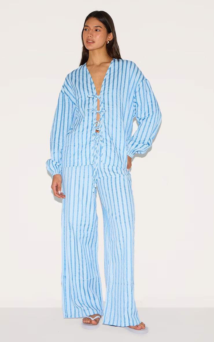 Blue Striped Textured Tie Drawstring Wide Leg Trousers 1 Blue Striped Textured Tie Drawstring Wide Leg Trousers